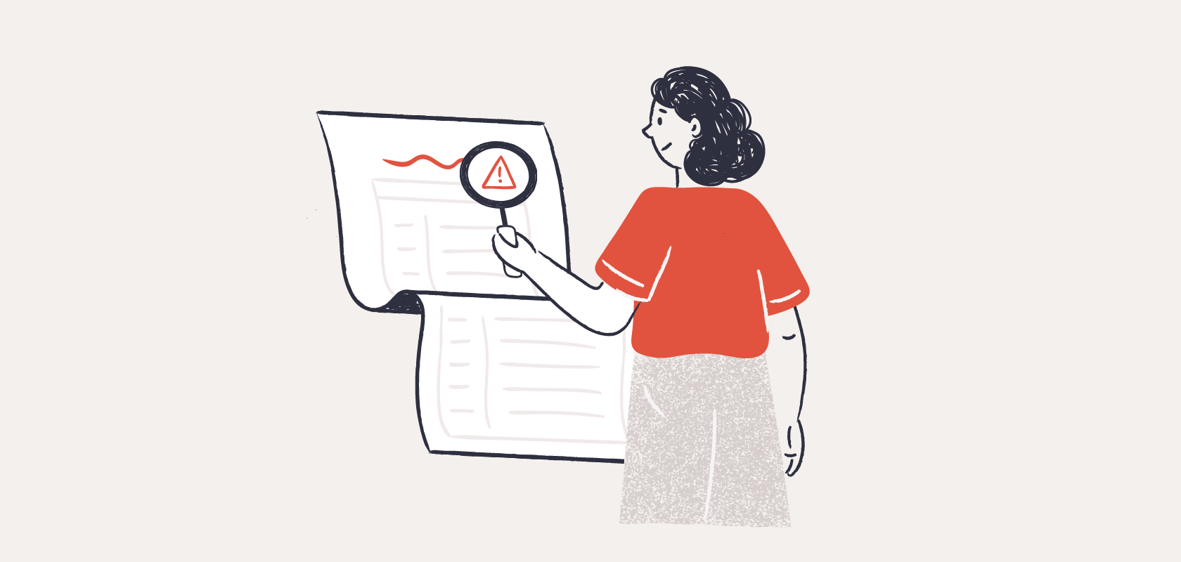 Cartoon woman holding a magnifying glass to a report with an error.